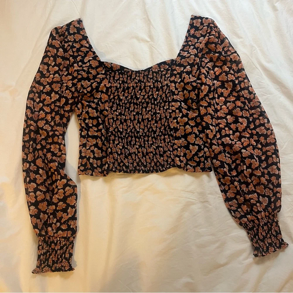 Abercrombie Sweetheart Puff-Sleeve Navy Orange Floral Poppy Print Blouse, Medium